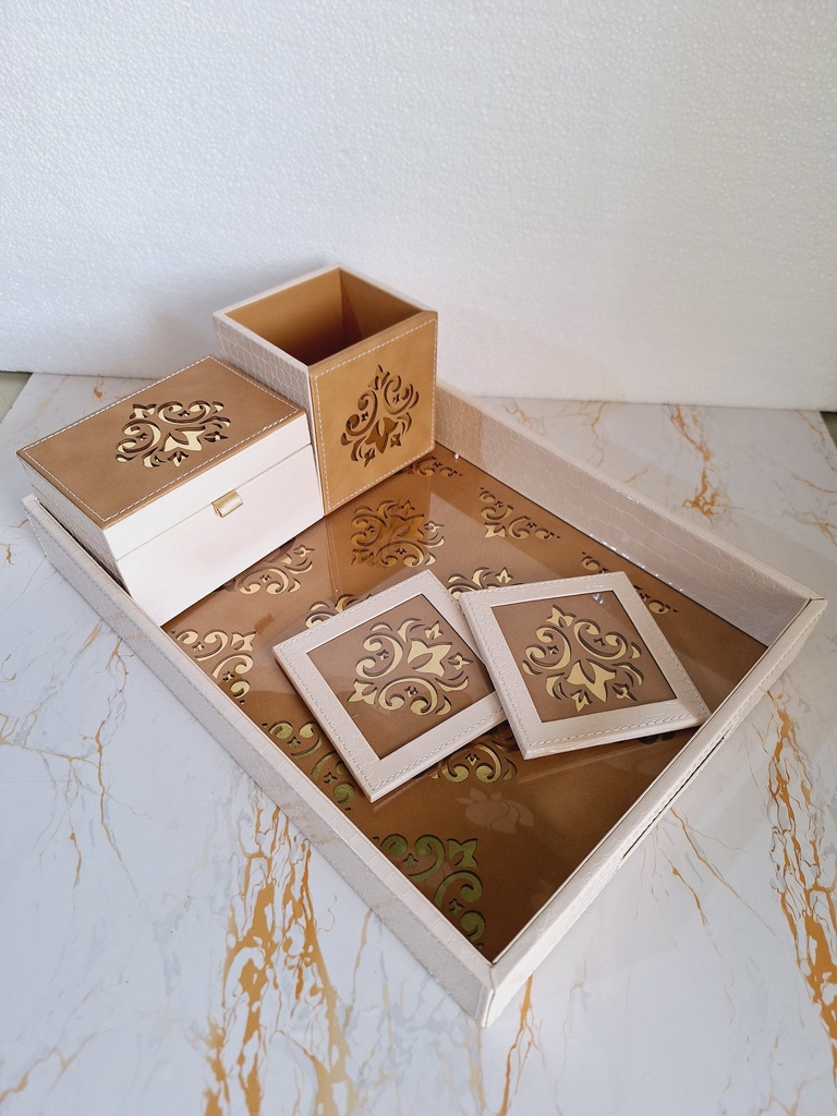 White Buta Cut Leatherette Tray 