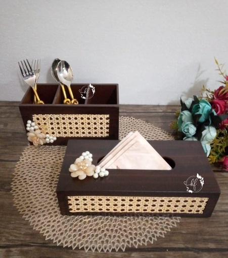 Cane Cutlery/Stationary &  Tissue Holder Combo - Design 1